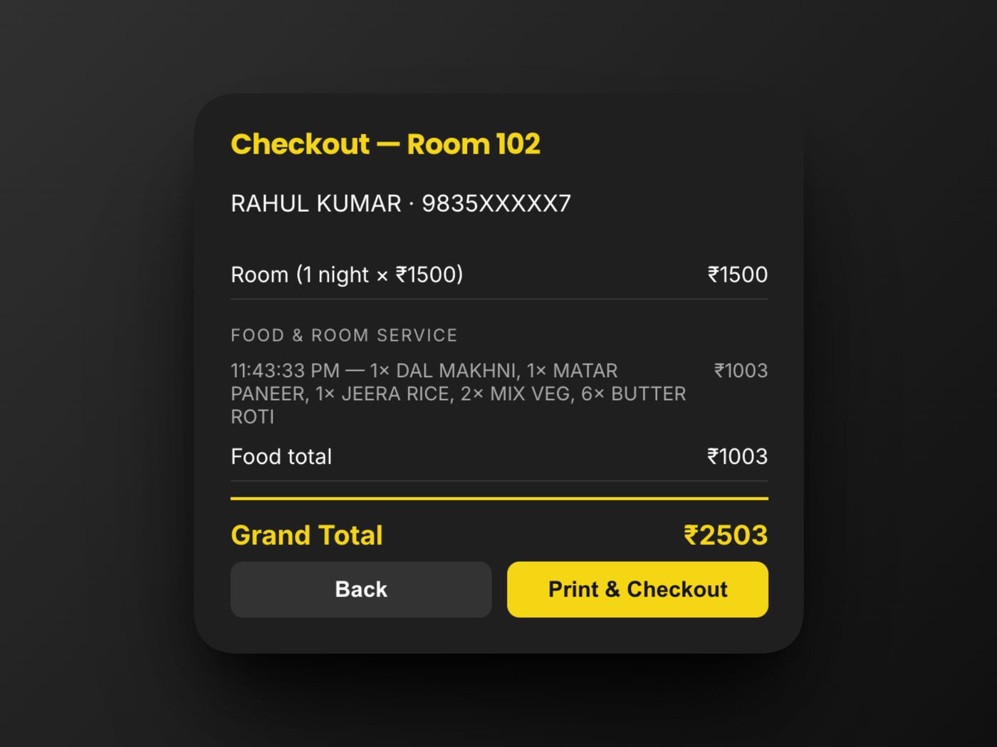 Checkout screen combining room charges and food into one bill