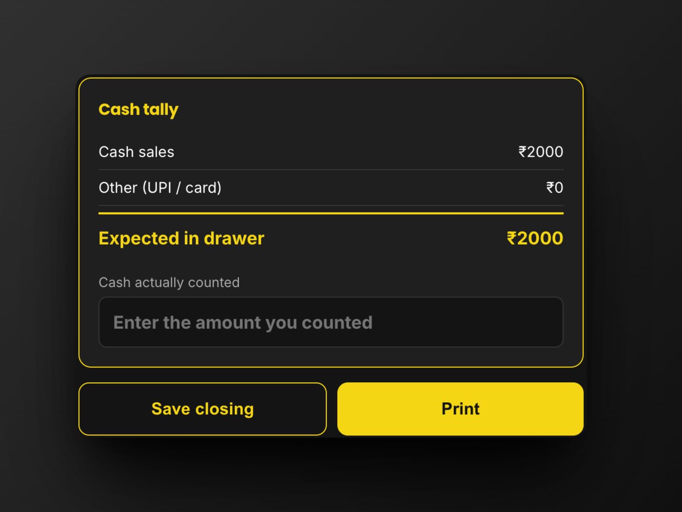 Day closing screen showing cash sales, other payments and expected cash in drawer