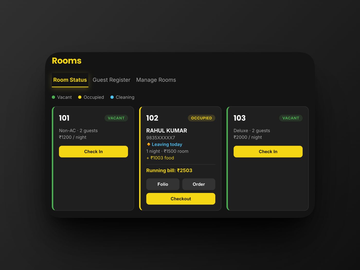 Room status board showing vacant, occupied and cleaning rooms with a running bill